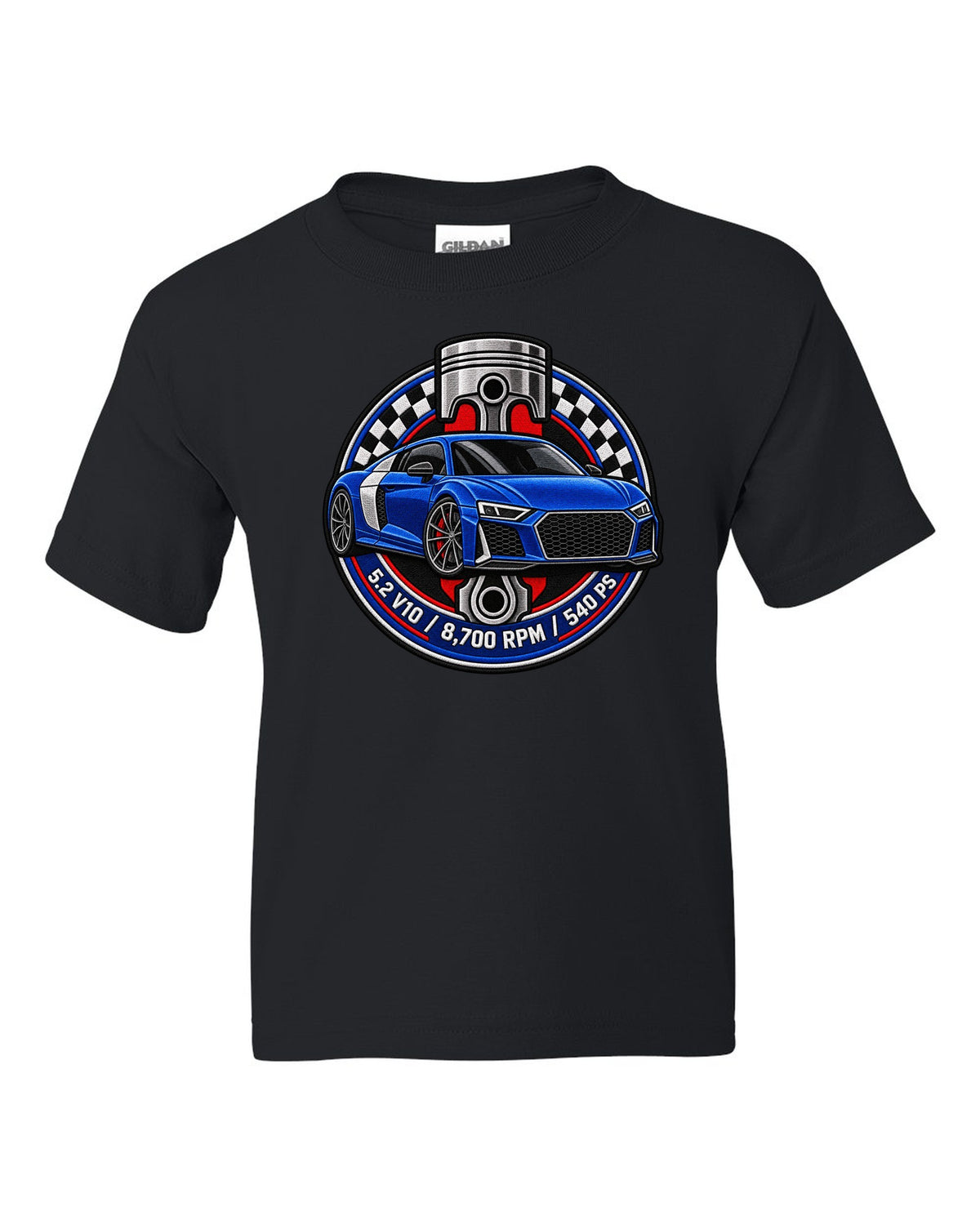 Varsity badge crest print of an Audi R8 4S with 5.2 V10 and 540 PS text black kids tee front view with the design