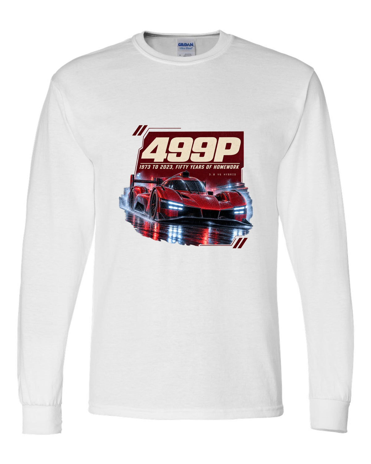 Ferrari 499P on a rainy night street print, 1973 to 2023 white long sleeve front view with the design