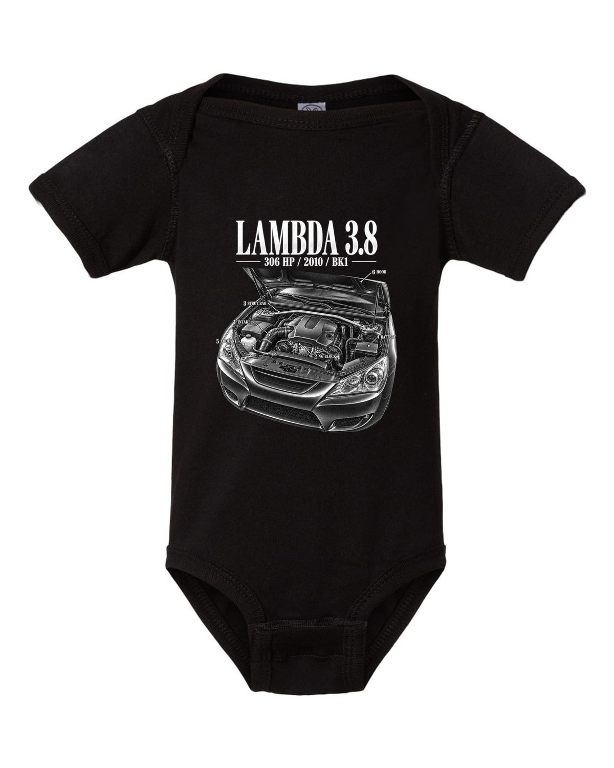 Hyundai Genesis Coupe 3.8 BK1 engine bay with numbered callouts black baby onesie front view with the design