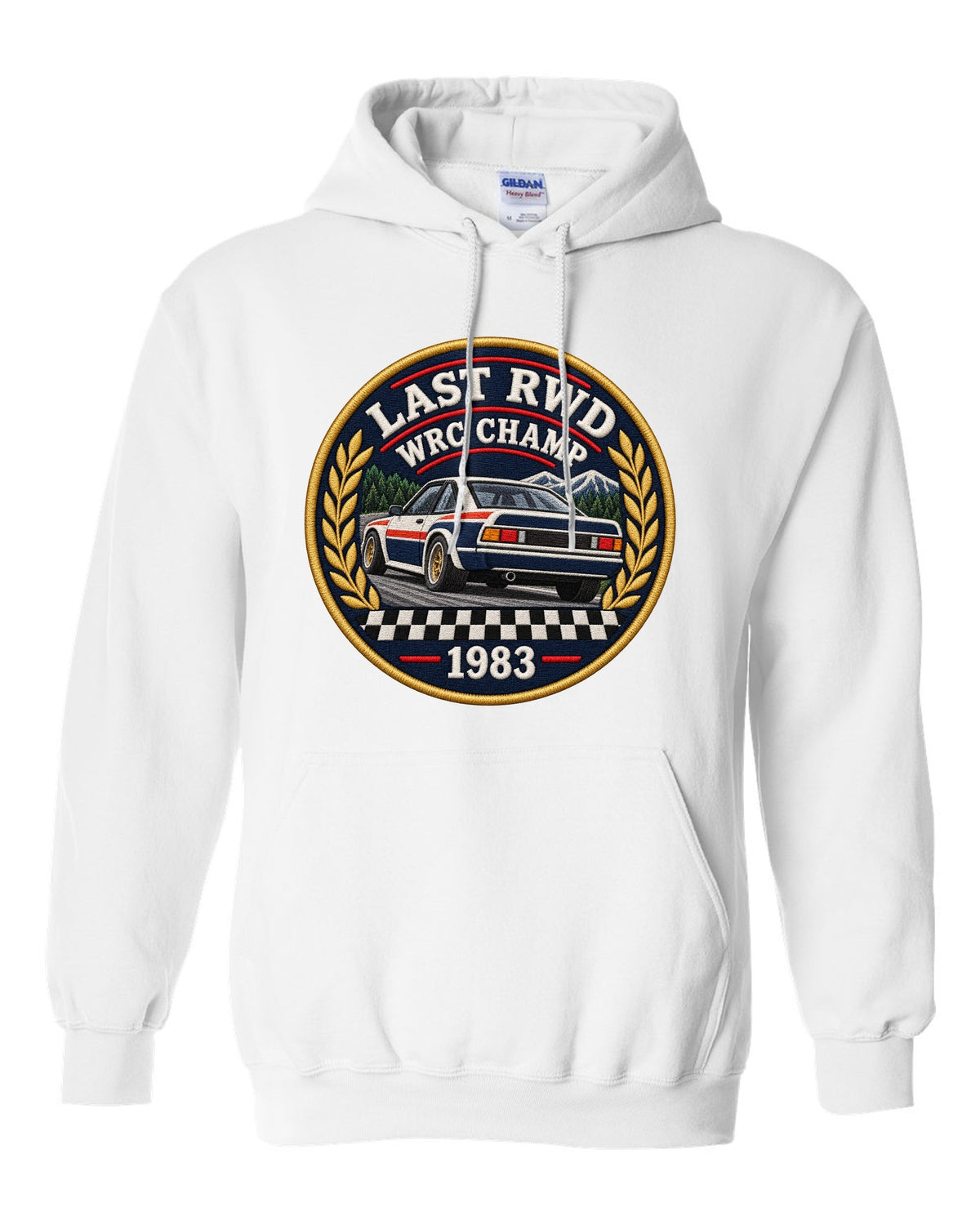 Embroidery patch style print of a 1983 Lancia Rally 037 with Last RWD WRC Champ lettering white pull over hoodie front view with the design