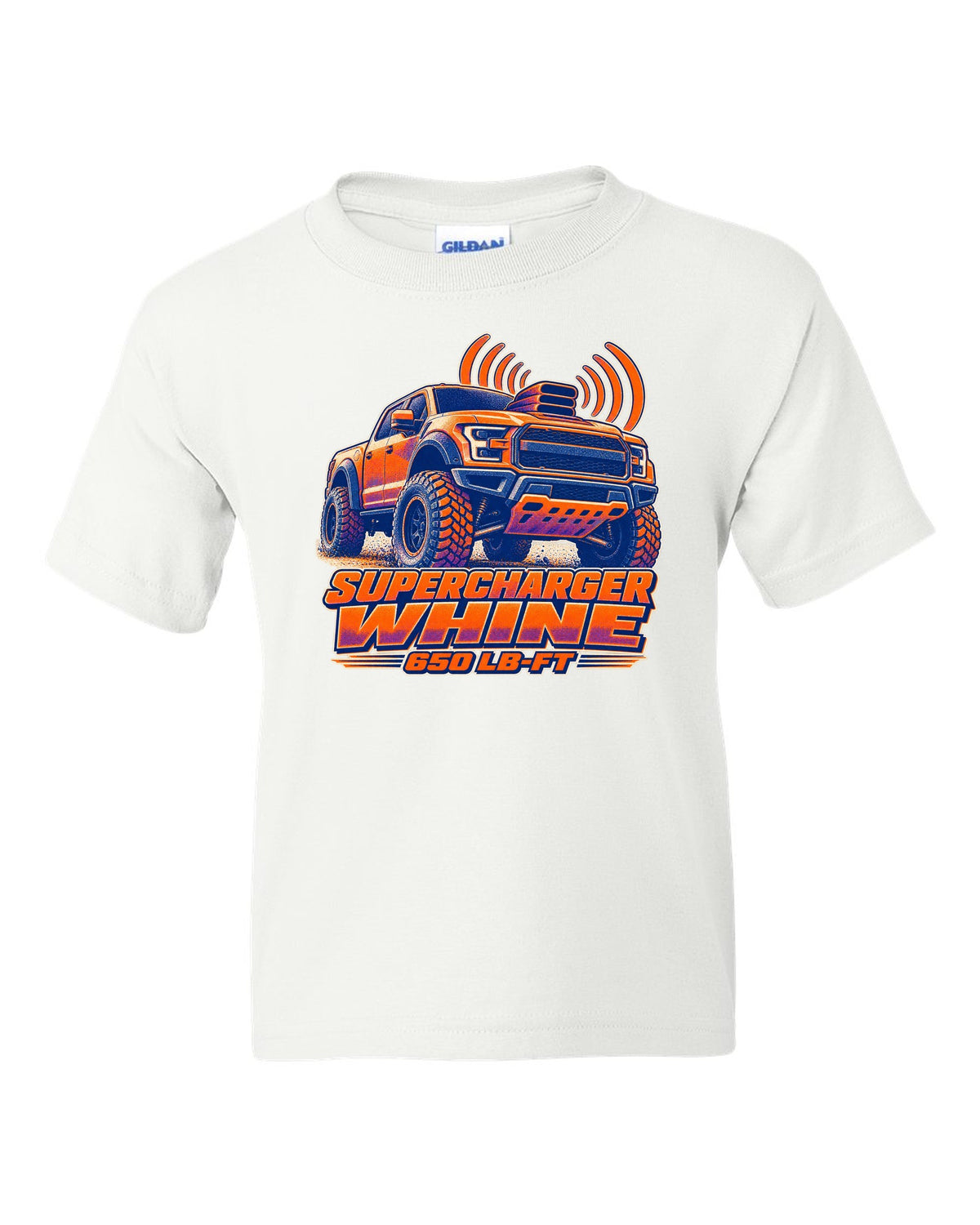 Halftone risograph print of a Ram 1500 TRX hood scoop with supercharger whine text white kids tee front view with the design