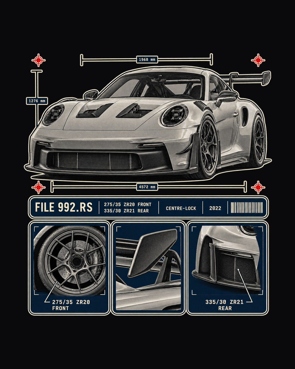Porsche 992 GT3 RS Dossier Panels Shirt, Centre-Lock Car Tee design only