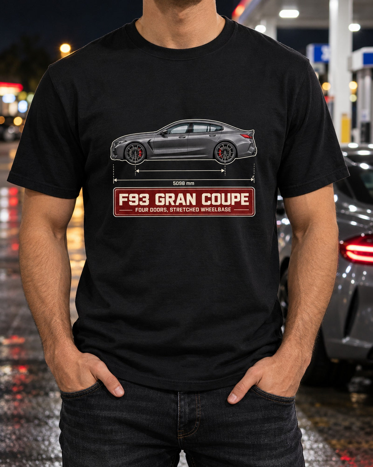 BMW M8 Gran Coupe F93 Blueprint Tee, Four Door Car Guy T-Shirt Black worn hero