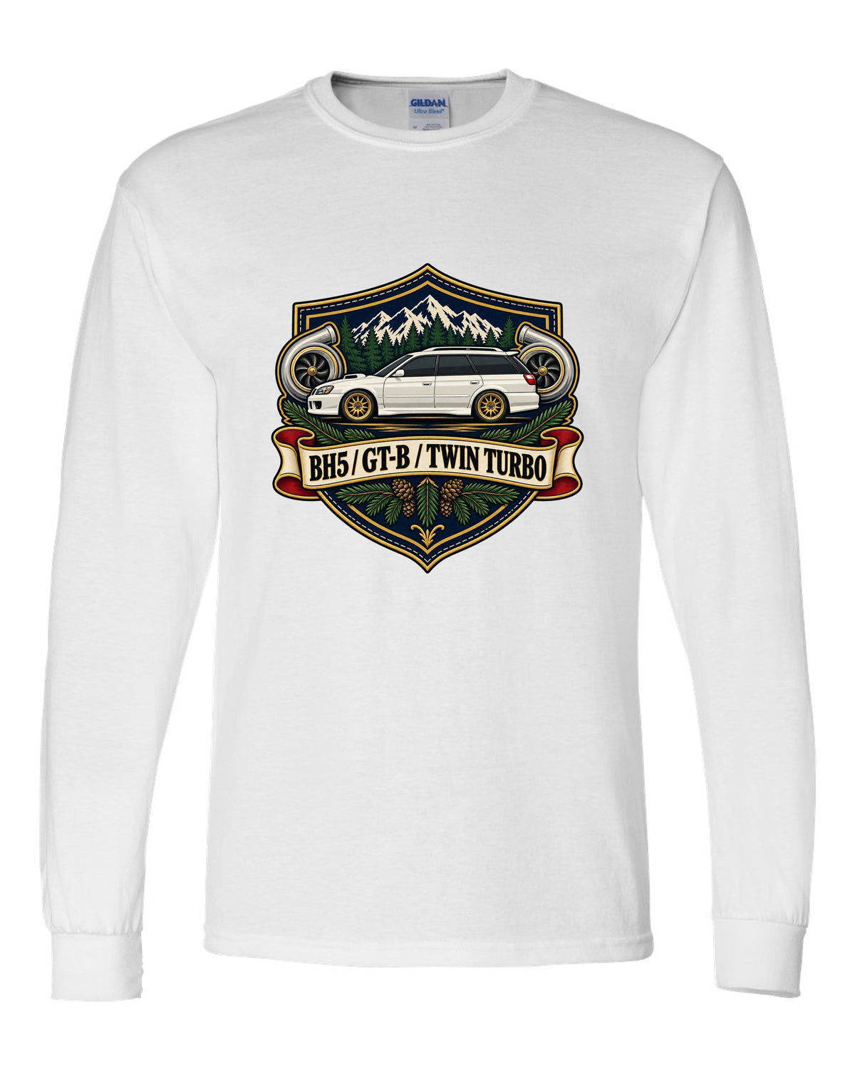 Subaru Legacy BH5 GT-B wagon shield crest print, BH5 / GT-B / TWIN TURBO white long sleeve front view with the design