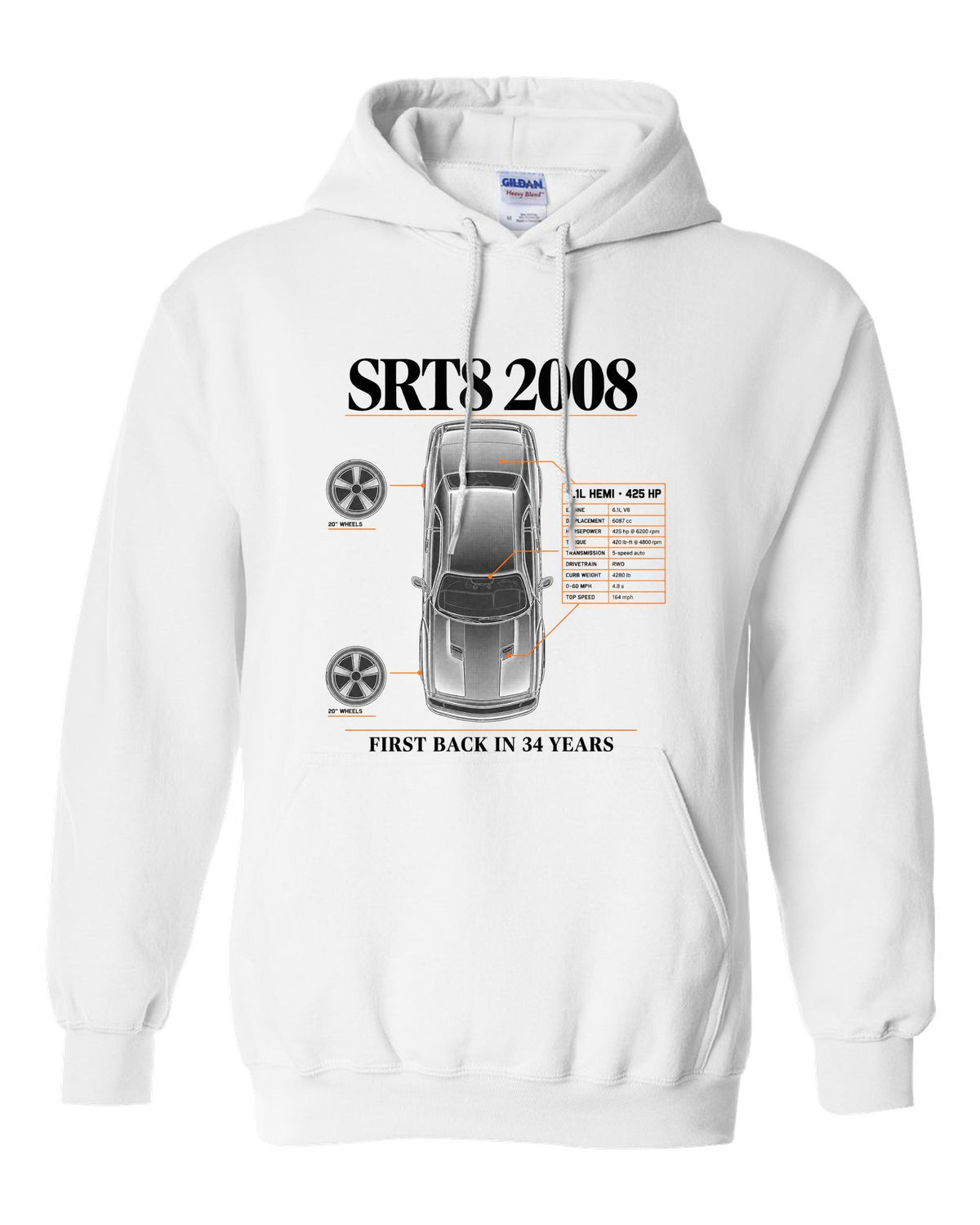 Spec poster print of a 2008 Dodge Challenger SRT8 with 6.1L Hemi and 425 HP text white pull over hoodie front view with the design