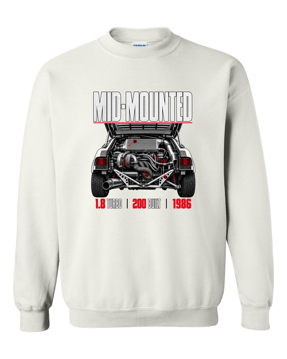 Ford RS200 Group B engine close-up print with mid-mounted turbo text white crewneck front view with the design