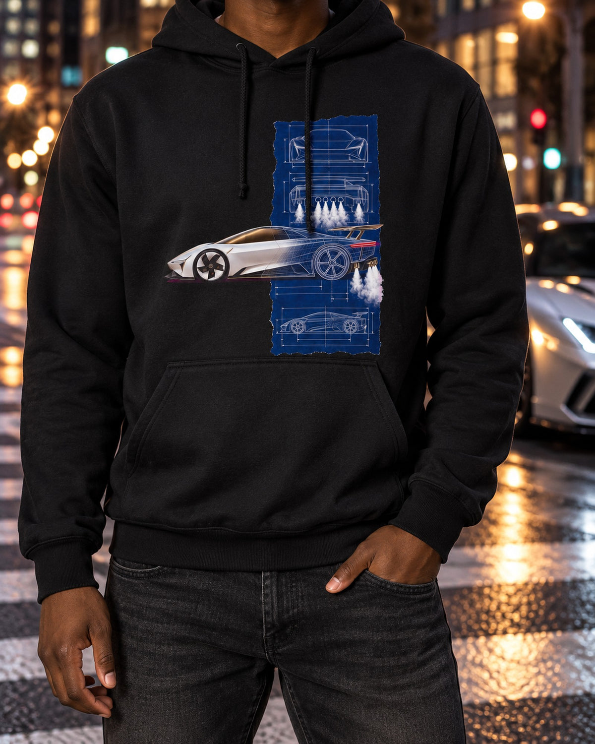 Tesla Roadster Blueprint Shirt, Hoodie & More Pull Over Hoodie Black worn hero