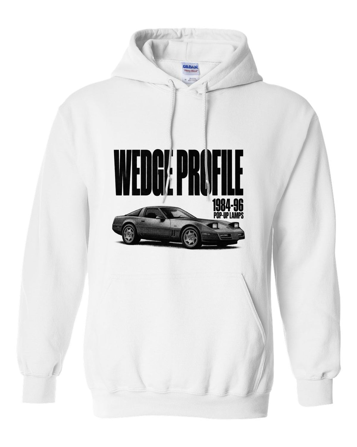 Chevrolet Corvette C4 1989 coupe wedge profile halftone print white pull over hoodie front view with the design