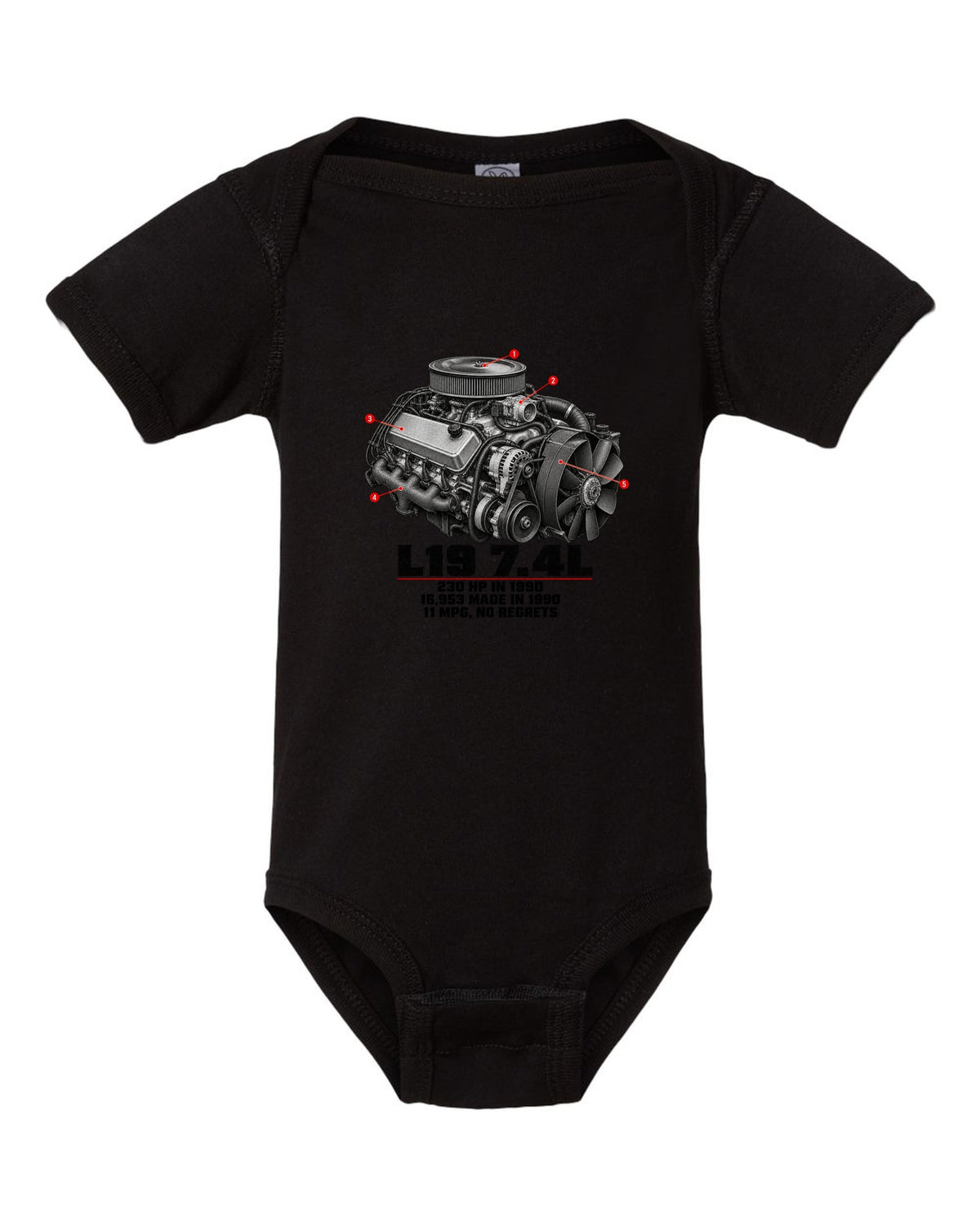 Engine print of a 1990-93 Chevrolet 454 SS pickup with L19 7.4L and 230 HP text black baby onesie front view with the design