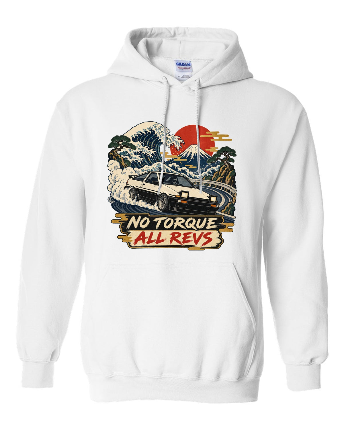 Woodblock ukiyo-e print of a 1985 Toyota Sprinter Trueno AE86 with No Torque All Revs lettering white pull over hoodie front view with the design