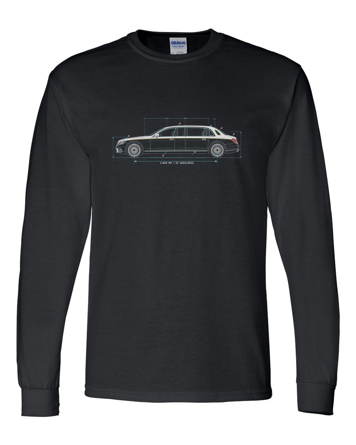Maybach 62 S W240 Limousine Side Blueprint Tee black long sleeve front view with the design