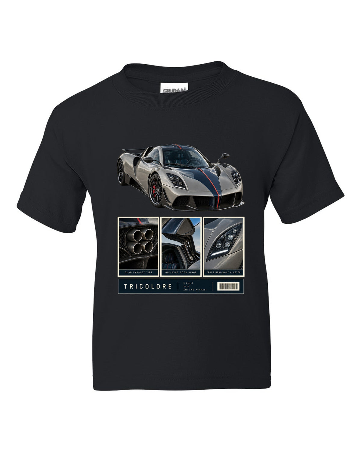 Dossier panel print of the Pagani Huayra Tricolore with the text Tricolore, 3 built, 2017, air and asphalt black kids tee front view with the design