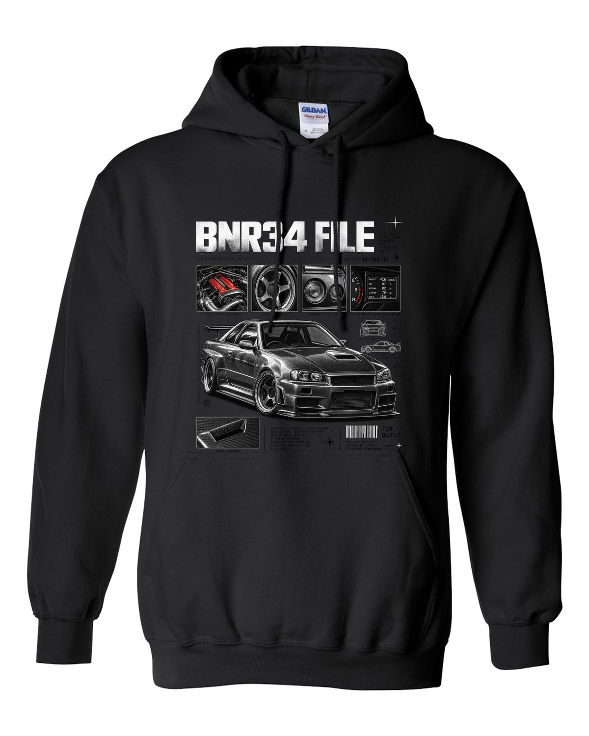 Dossier panel print of a Nissan Skyline GT-R R34 V-Spec II Nur with 718 built text black pull over hoodie front view with the design