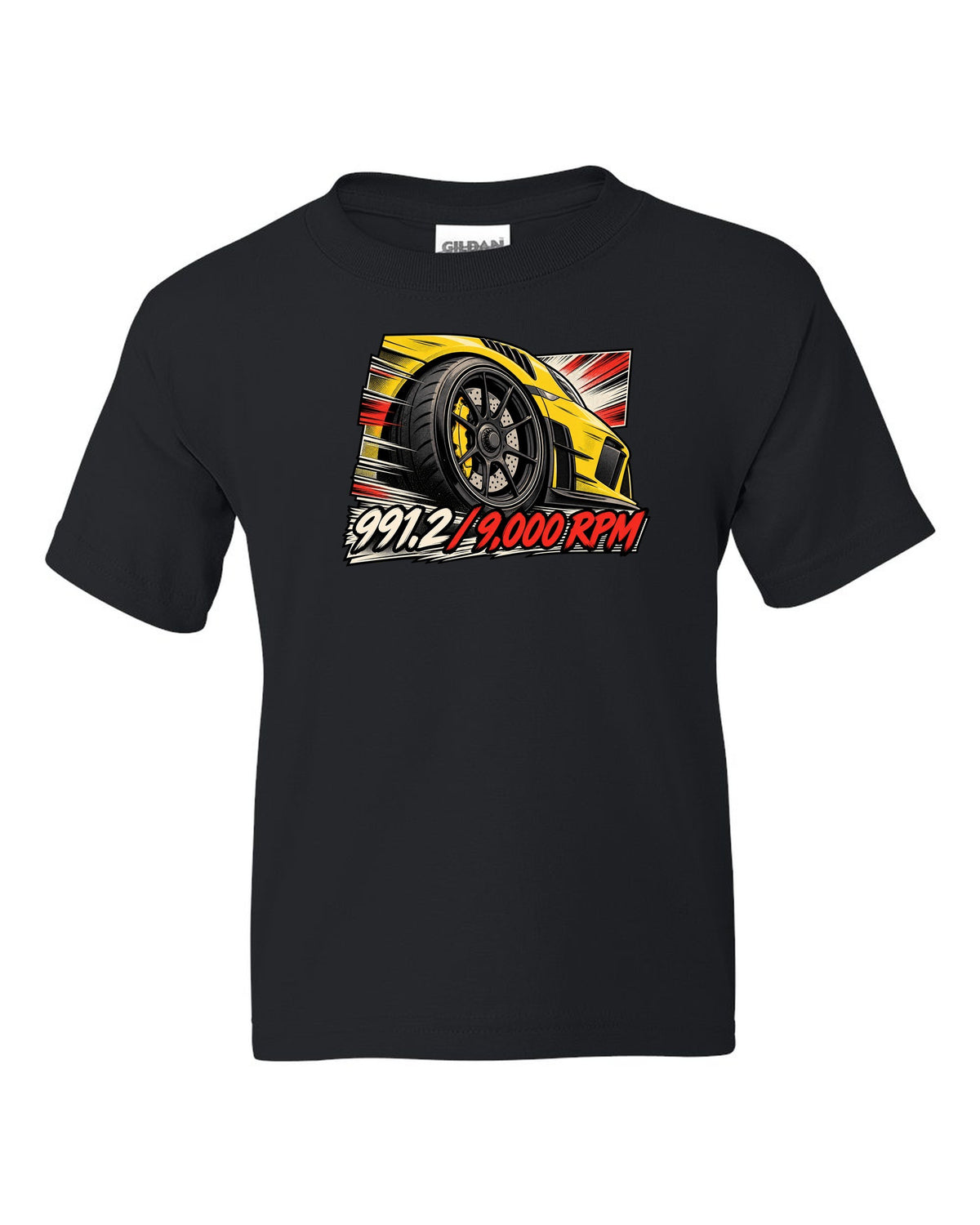 Porsche 991.2 GT3 RS retro manga panel with centre lock wheel and 9,000 RPM text black kids tee front view with the design