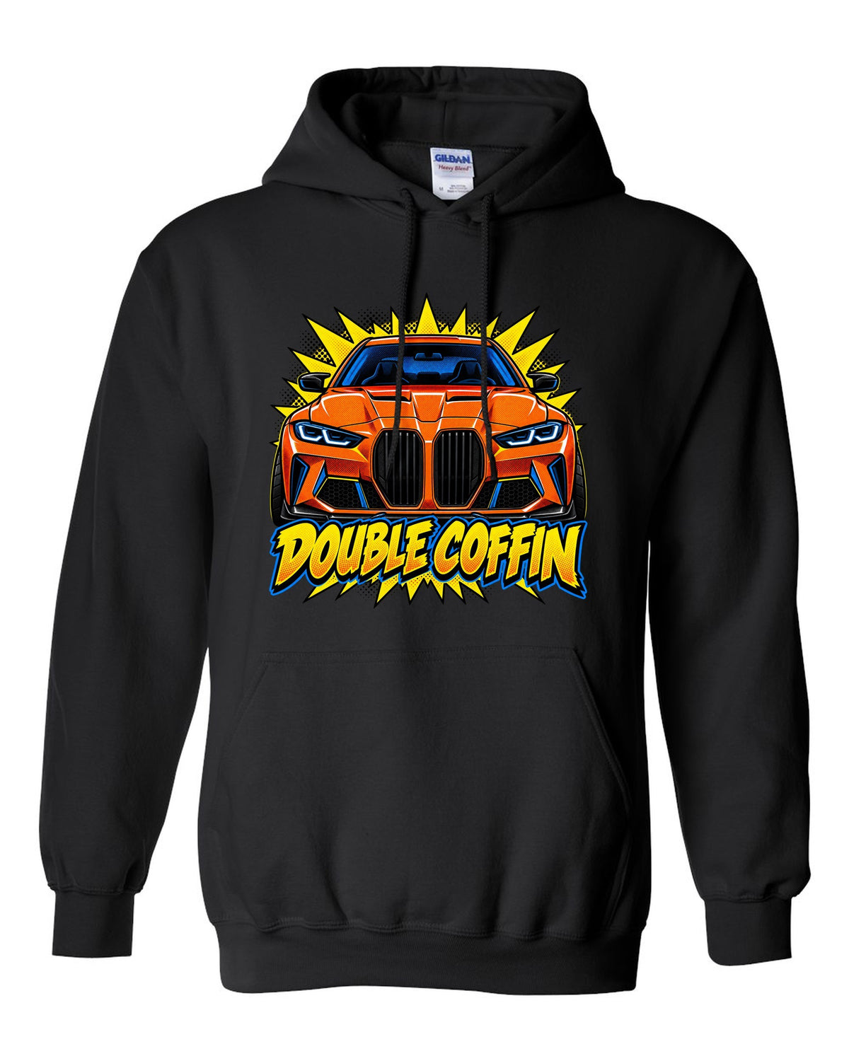 BMW G80 M3 head-on comic halftone pop art print with Double Coffin text black pull over hoodie front view with the design
