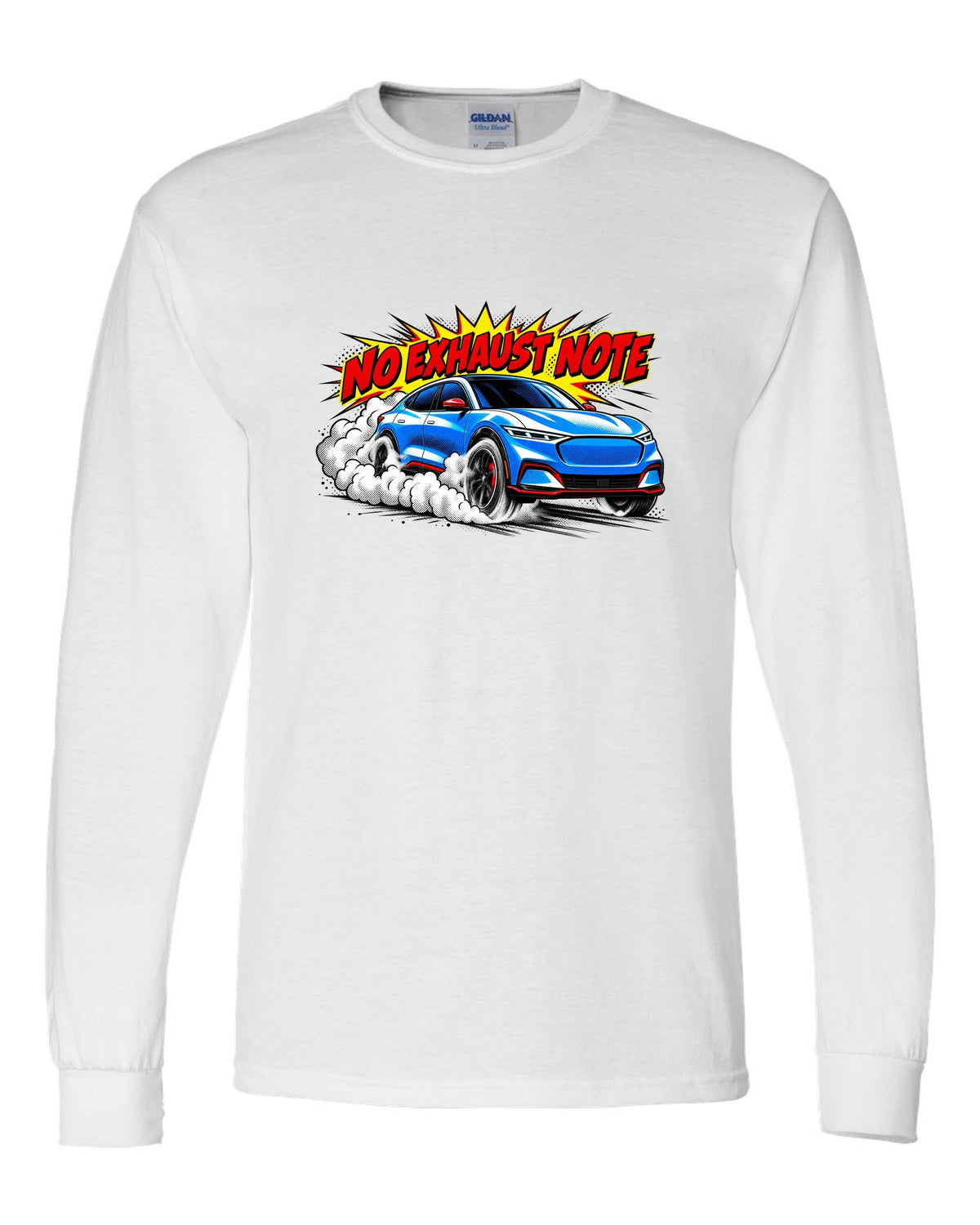 Comic halftone pop-art print of a 2020 Mustang Mach-E CX727 burnout reading No Exhaust Note white long sleeve front view with the design