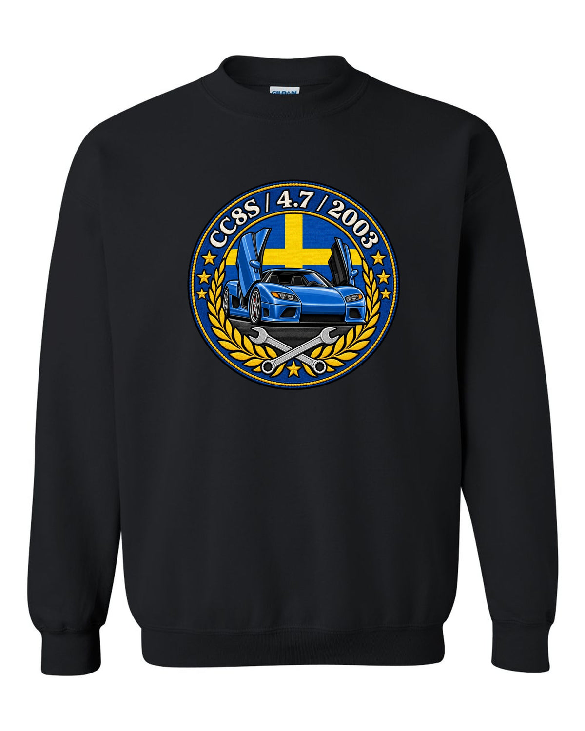Varsity-style garage crest design for the Koenigsegg CC8S with CC8S 4.7 2003 lettering black crewneck front view with the design