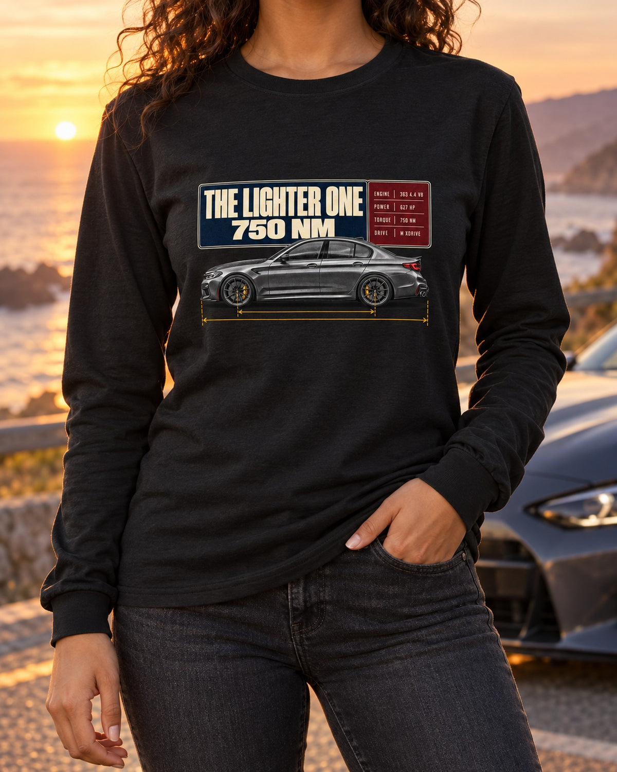 BMW M5 F90 CS Spec Poster Tee, The Lighter One Long Sleeve Black worn hero