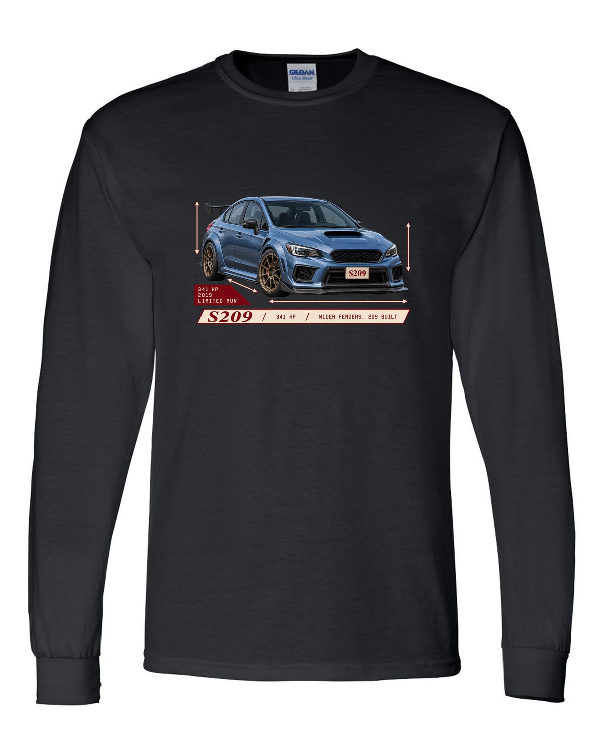 Subaru WRX STI S209 2019 widebody archive panel design black long sleeve front view with the design