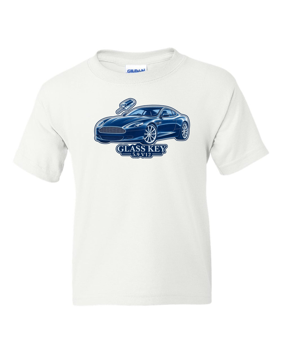 Cel-shaded anime night street print of a 2005 Aston Martin V8 Vantage in rain with glass key lettering white kids tee front view with the design