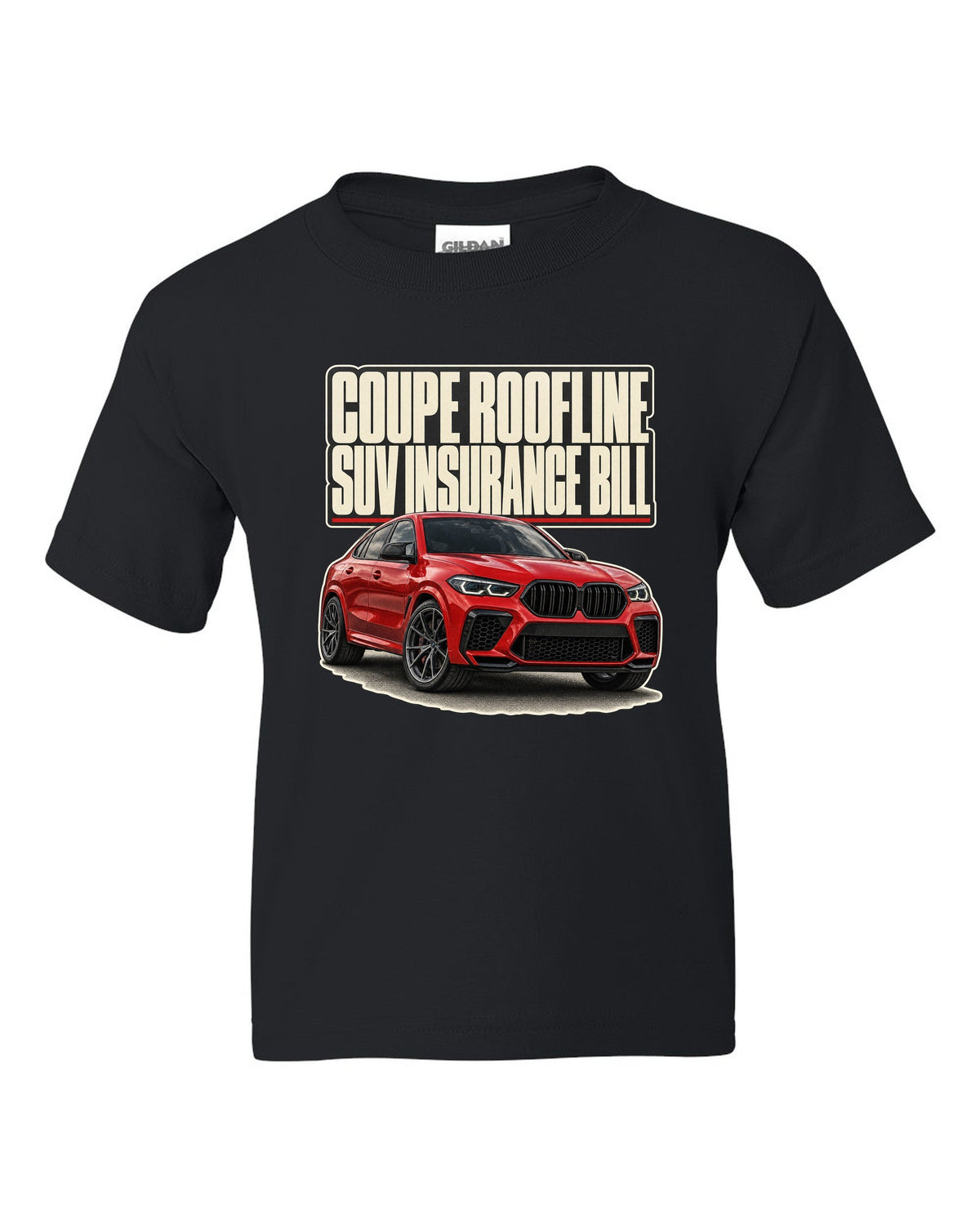 BMW X6 M Competition F96 editorial headline print on a tee black kids tee front view with the design