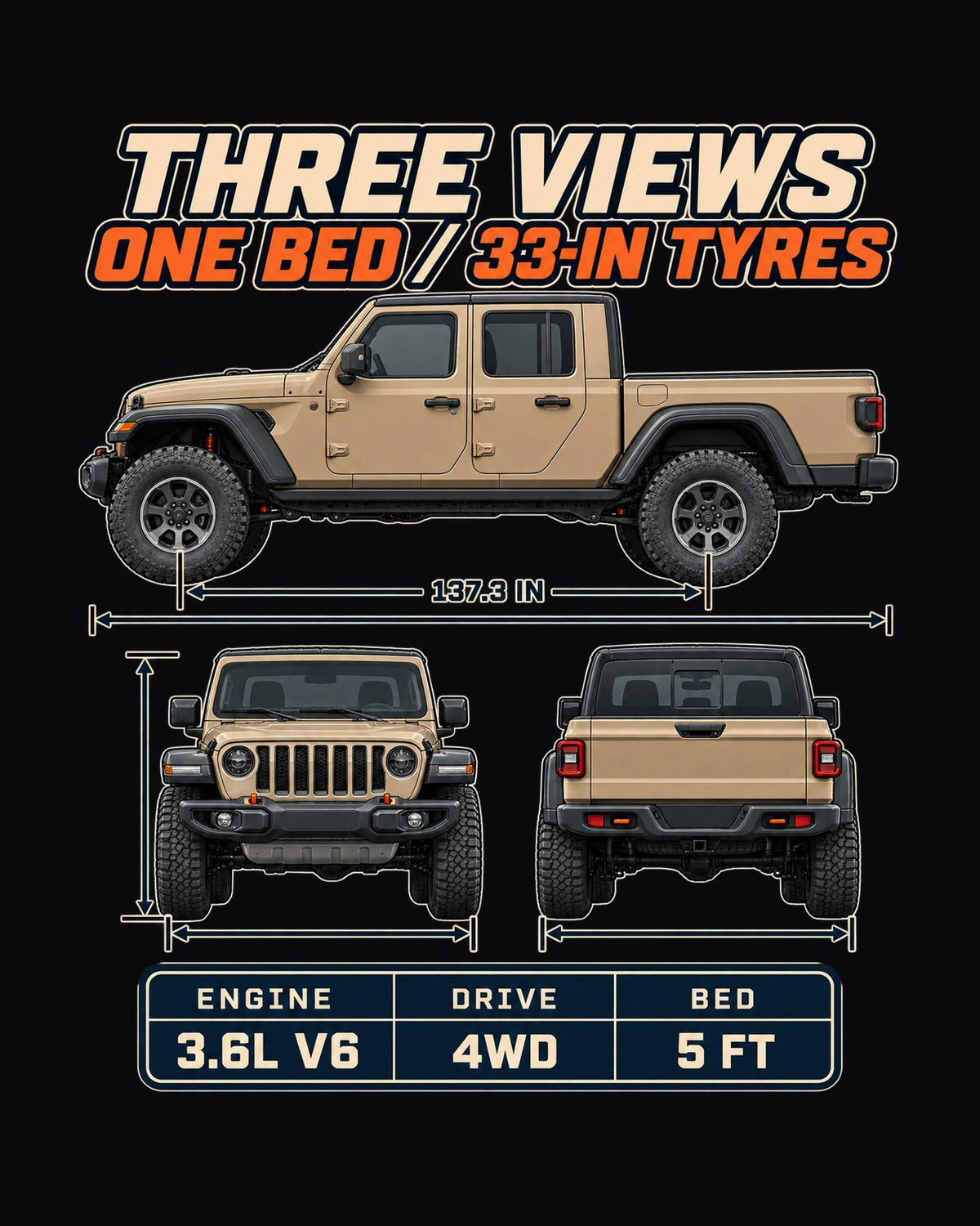Jeep Gladiator Mojave Three-View Spec Table Shirt, 33-Inch Tires design only