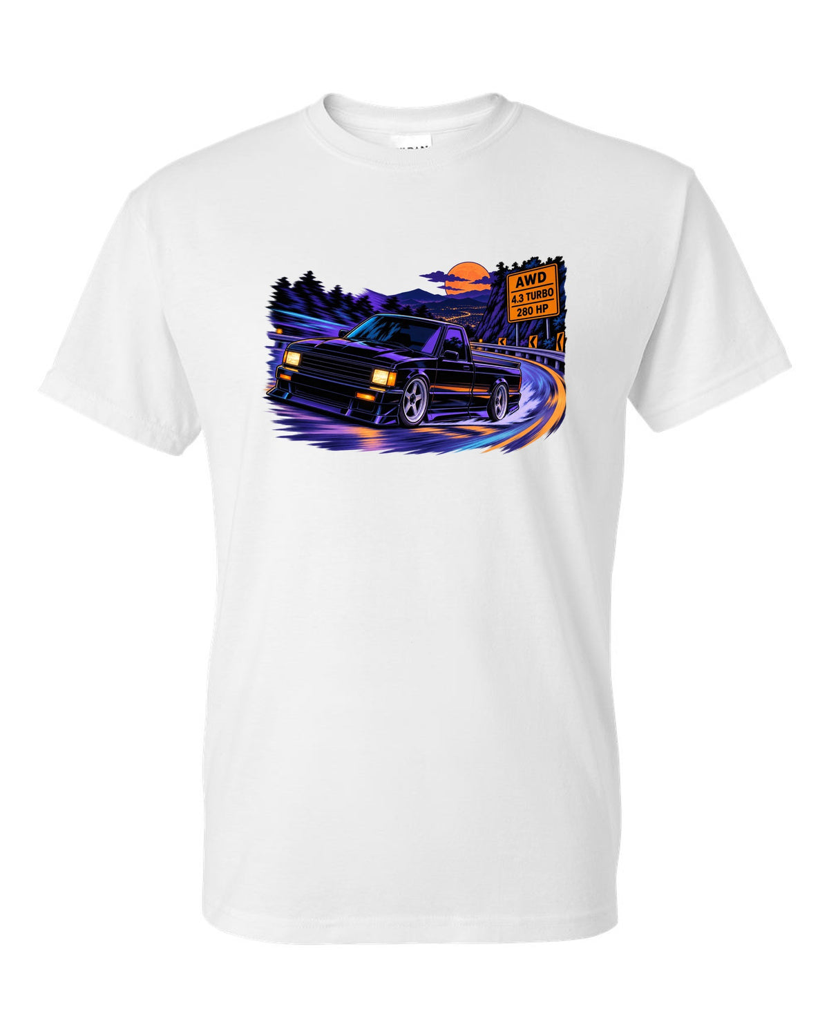 Cel-shaded anime night mountain road print of a 1991 GMC Syclone with AWD 4.3 turbo 280 HP lettering white t-shirt front view with the design