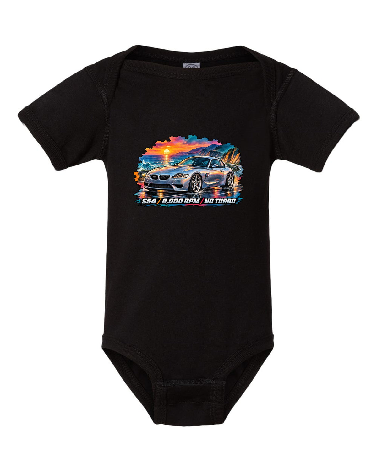 BMW Z3 M Coupe 16-bit pixel art print with Clown Shoe 3.2 text black baby onesie front view with the design