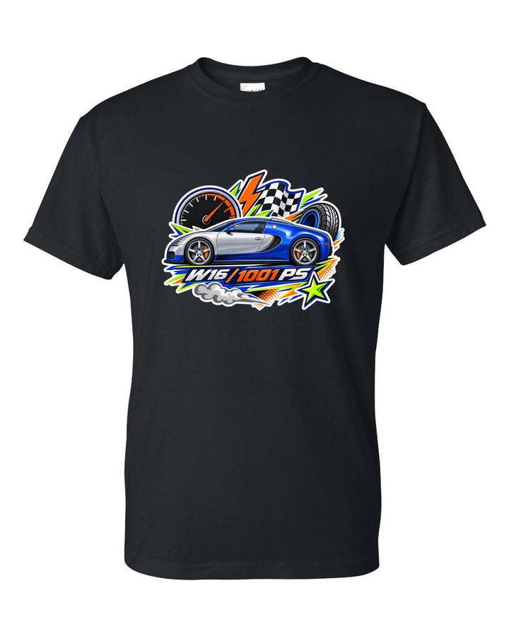 Sticker-bomb collage illustration of the Bugatti Veyron 16.4 with W16 and 1001 PS lettering black t-shirt front view with the design