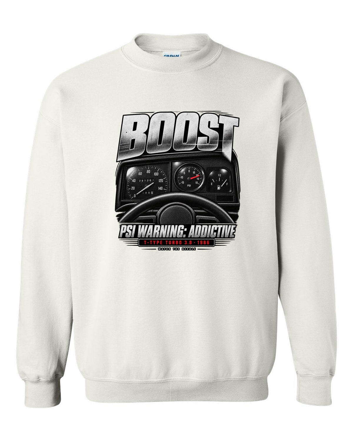 1986 Buick Grand National boost gauge cockpit print with T-Type turbo text white crewneck front view with the design