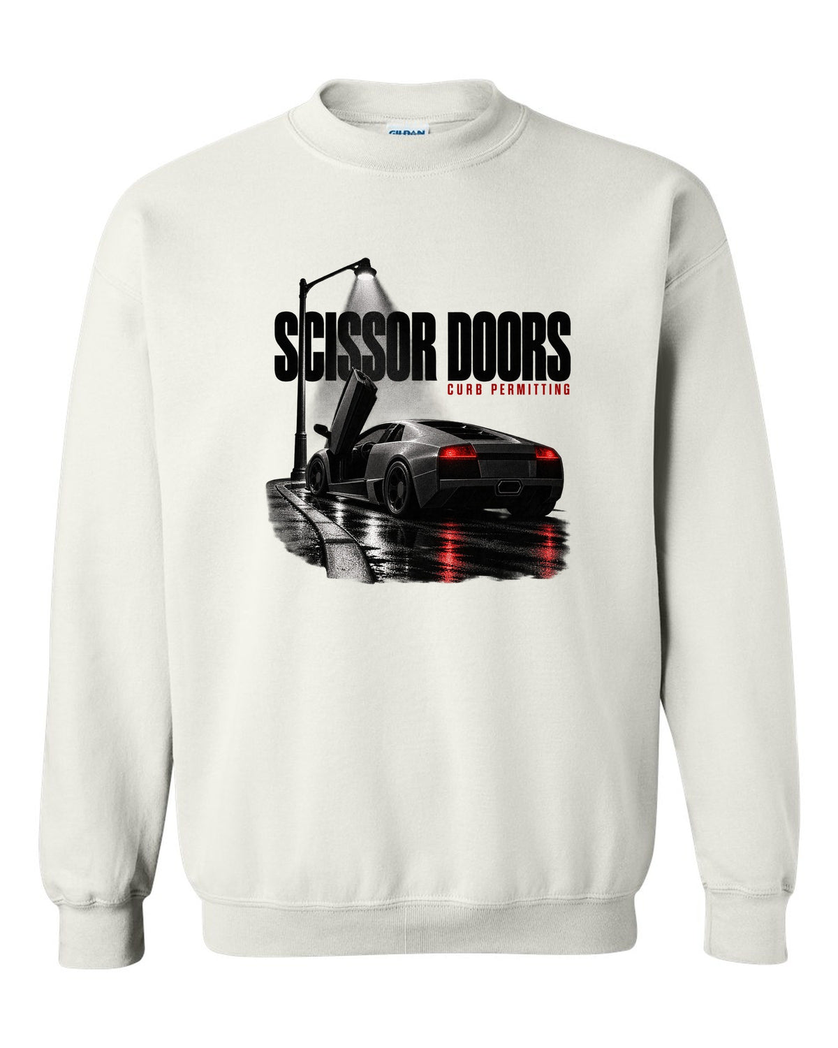 Garage night print of a Lamborghini Murcielago LP640 with scissor doors raised white crewneck front view with the design