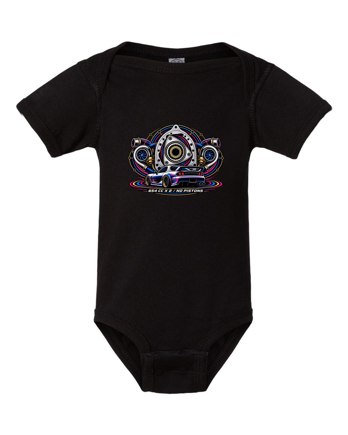 Two-colour riso style rear view print of a Mazda RX-7 FD3S with text $800, FD3S, Runs black baby onesie front view with the design
