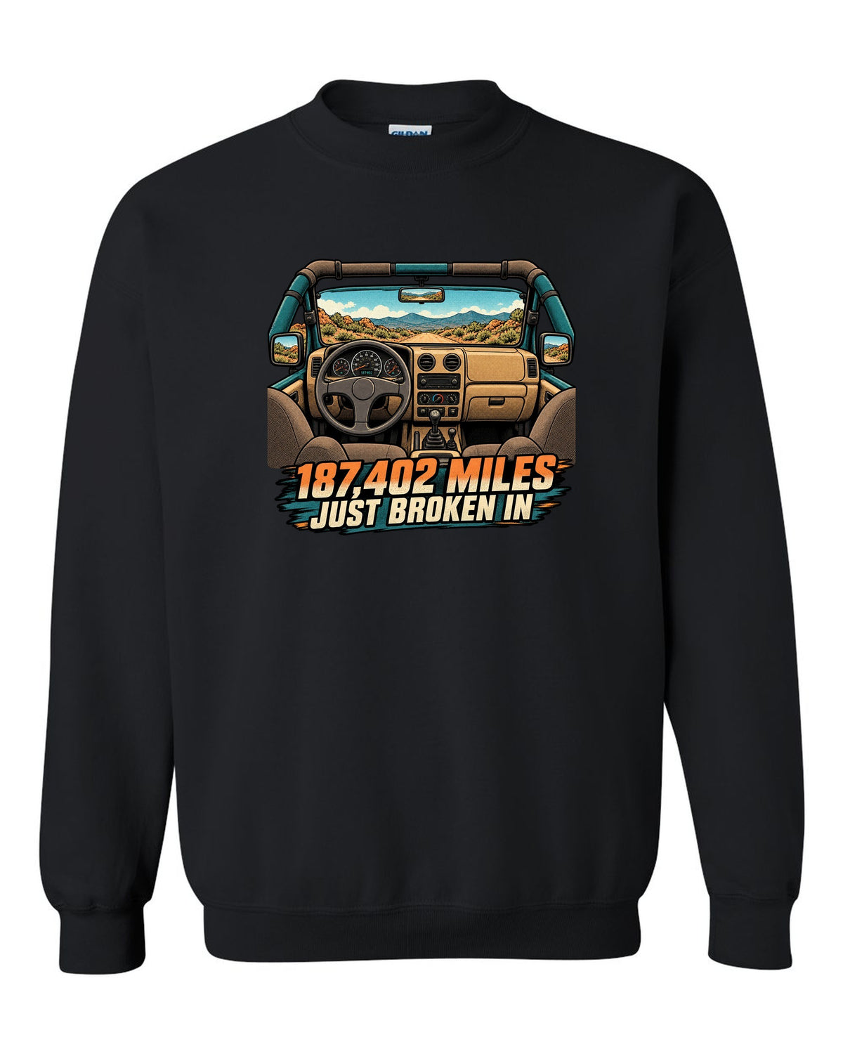 Halftone manga panel of a sun-faded Jeep Wrangler TJ dashboard with 187,402 MILES JUST BROKEN IN lettering black crewneck front view with the design