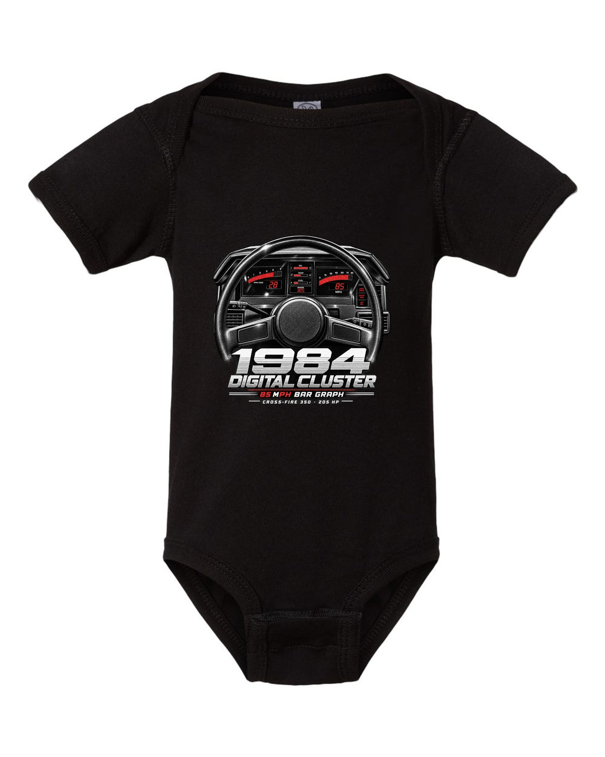 Chevrolet Corvette C4 1984 digital dash cluster cockpit print black baby onesie front view with the design
