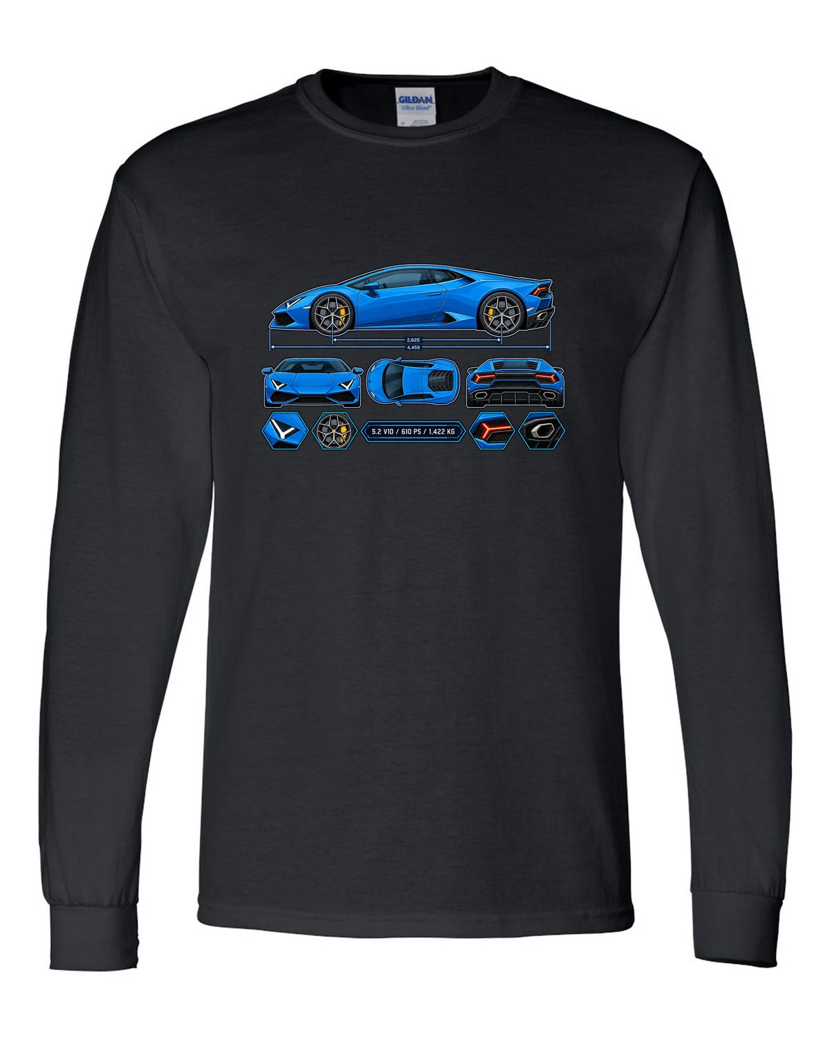 Colour technical blueprint of a Lamborghini Huracan LP610-4 with text 5.2 V10 / 610 PS / 1,422 KG black long sleeve front view with the design