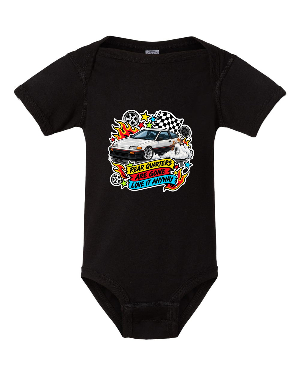 Sticker-bomb collage Honda CRX EF8 print with rusted rear quarters joke black baby onesie front view with the design