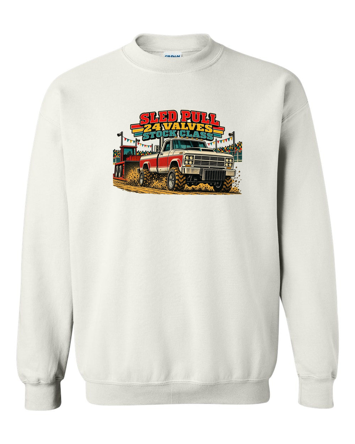 Vintage race poster print of a 1998.5-2002 Ram 2500 24V Cummins for a sled pull white crewneck front view with the design