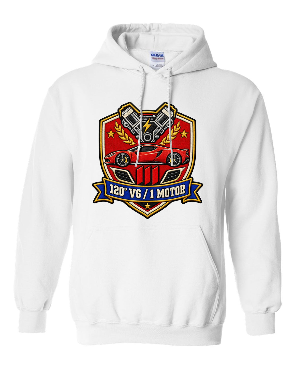 Shield crest print for the Ferrari 296 GTB with 120 degree V6 and 1 motor lettering white pull over hoodie front view with the design