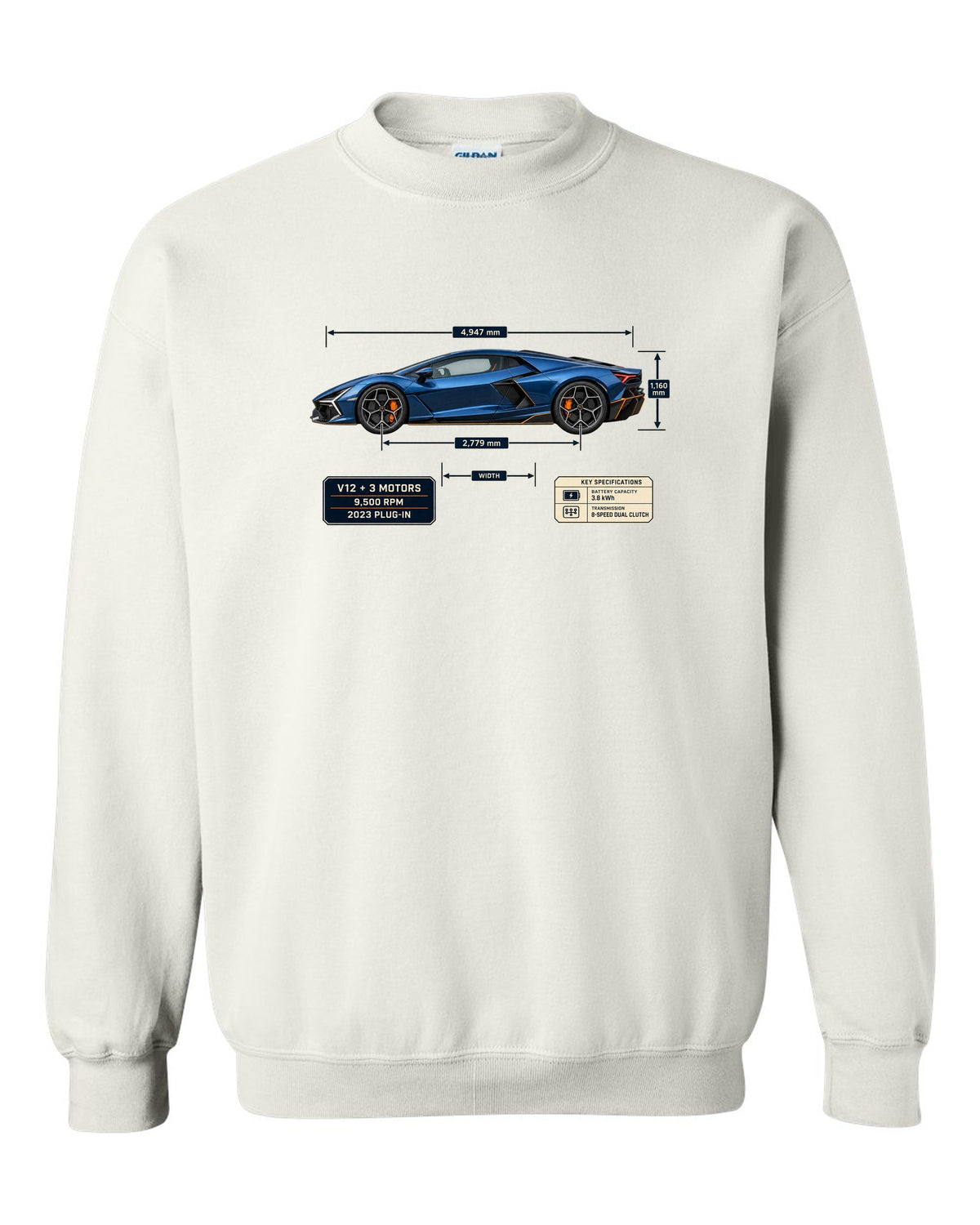 Dimension blueprint print of the Lamborghini Revuelto white crewneck front view with the design