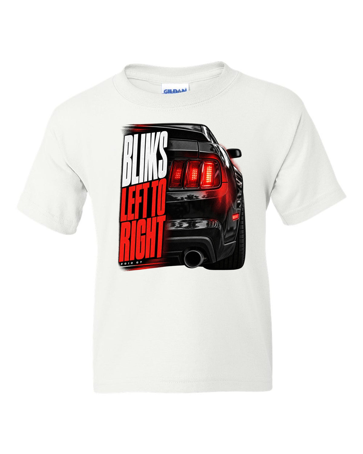 Macro print of a 2010 Ford Mustang S197 GT taillight white kids tee front view with the design