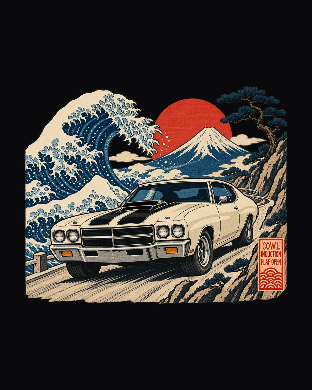 Ukiyo-e Woodblock 1970 Chevelle SS Cowl Induction Shirt design only