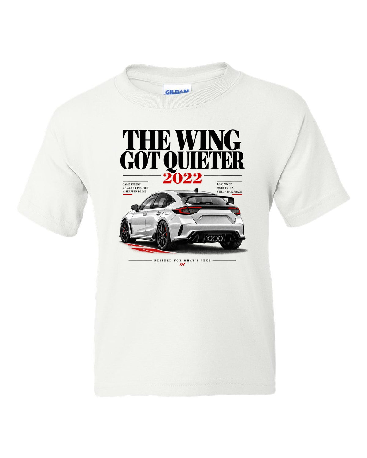Honda Civic FL5 chback editorial headline design about the quieter rear wing white kids tee front view with the design