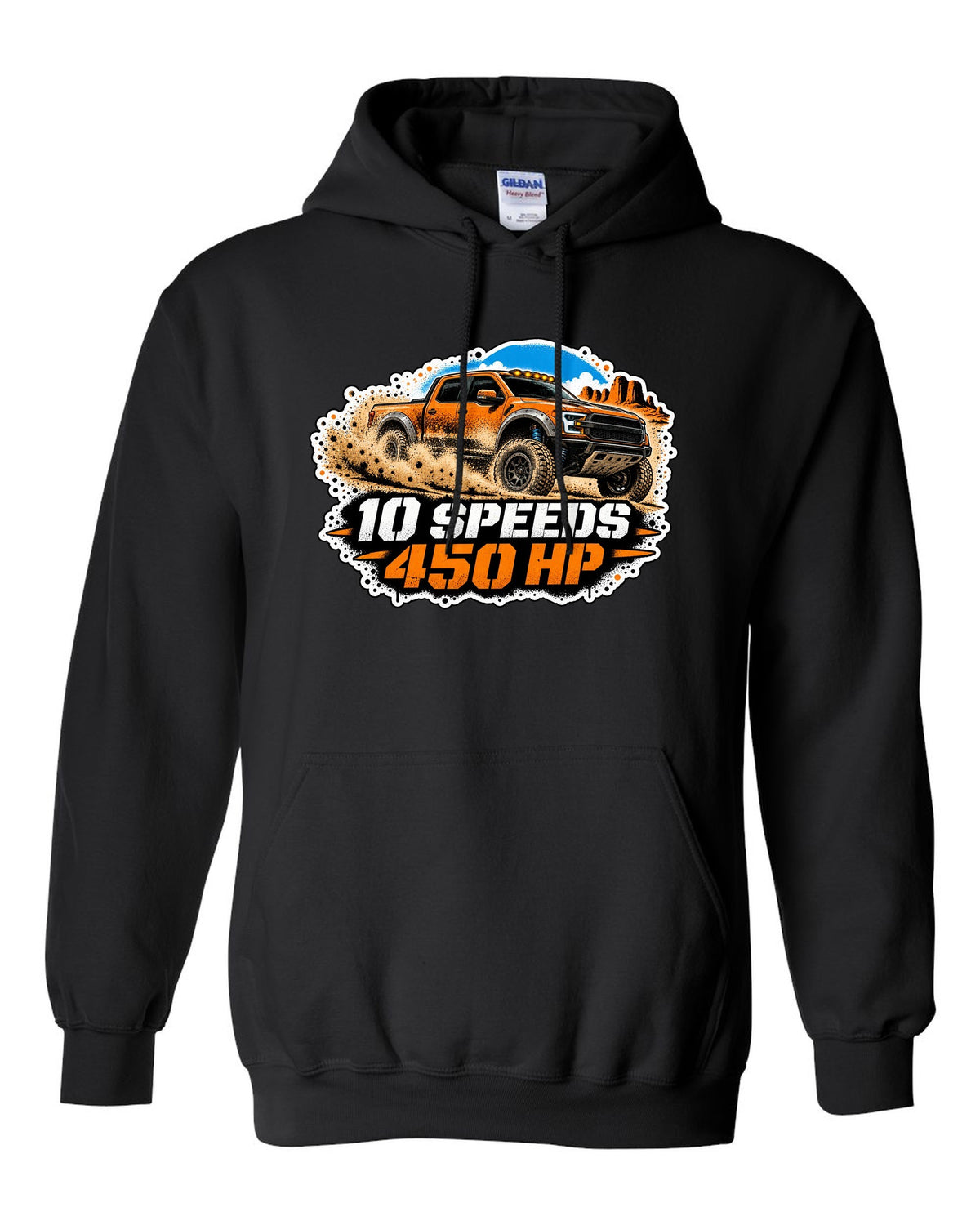 Spray stencil street art print of a 2017-20 Ford F-150 Raptor Gen 2 P552 in desert dust black pull over hoodie front view with the design