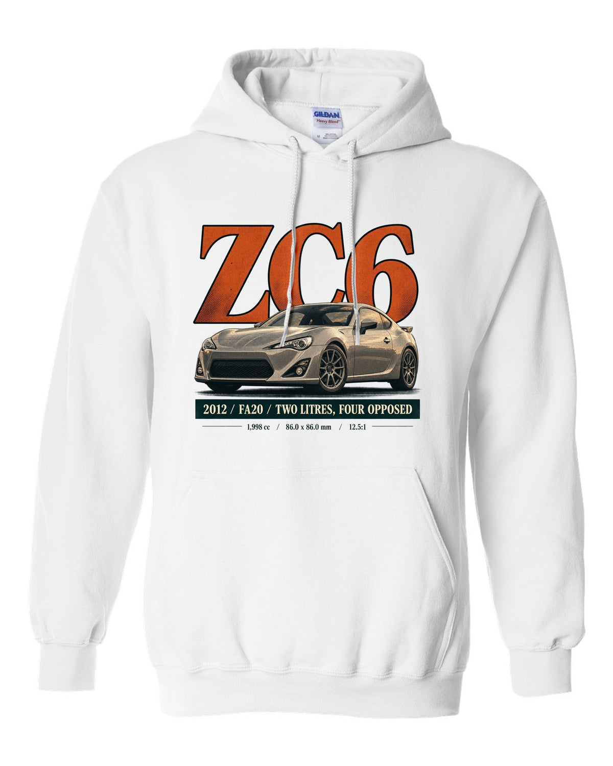 Magazine-style headline layout of a first-generation Subaru BRZ ZC6 print white pull over hoodie front view with the design