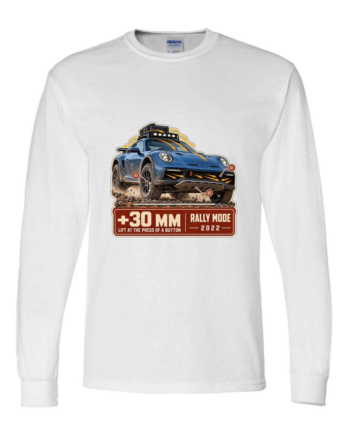 Aero callout print of a Porsche 911 Dakar 992 showing the lift feature white long sleeve front view with the design