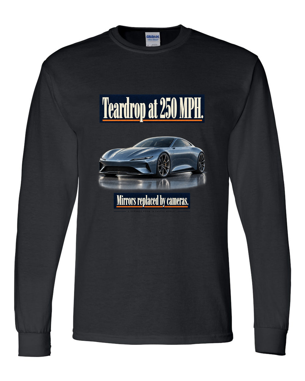 Editorial headline print of a steel blue McLaren Speedtail black long sleeve front view with the design