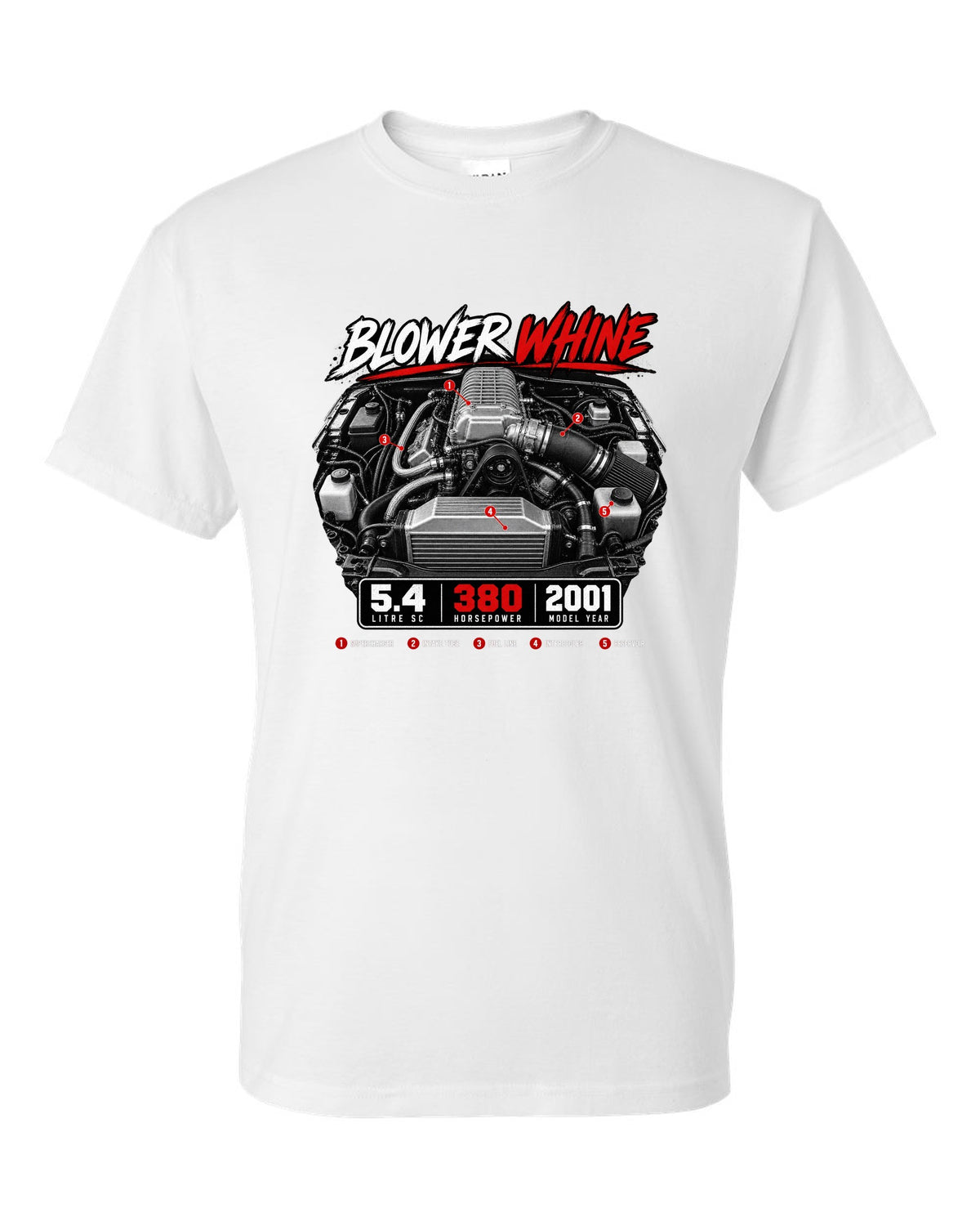 Ford F-150 SVT Lightning 1999-2004 engine hero print with blower whine and 5.4 SC white t-shirt front view with the design