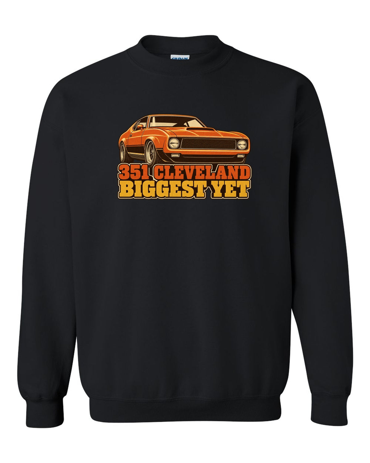 Vintage 70s race poster print of a 1971 Ford Mustang fastback with 351 Cleveland text black crewneck front view with the design