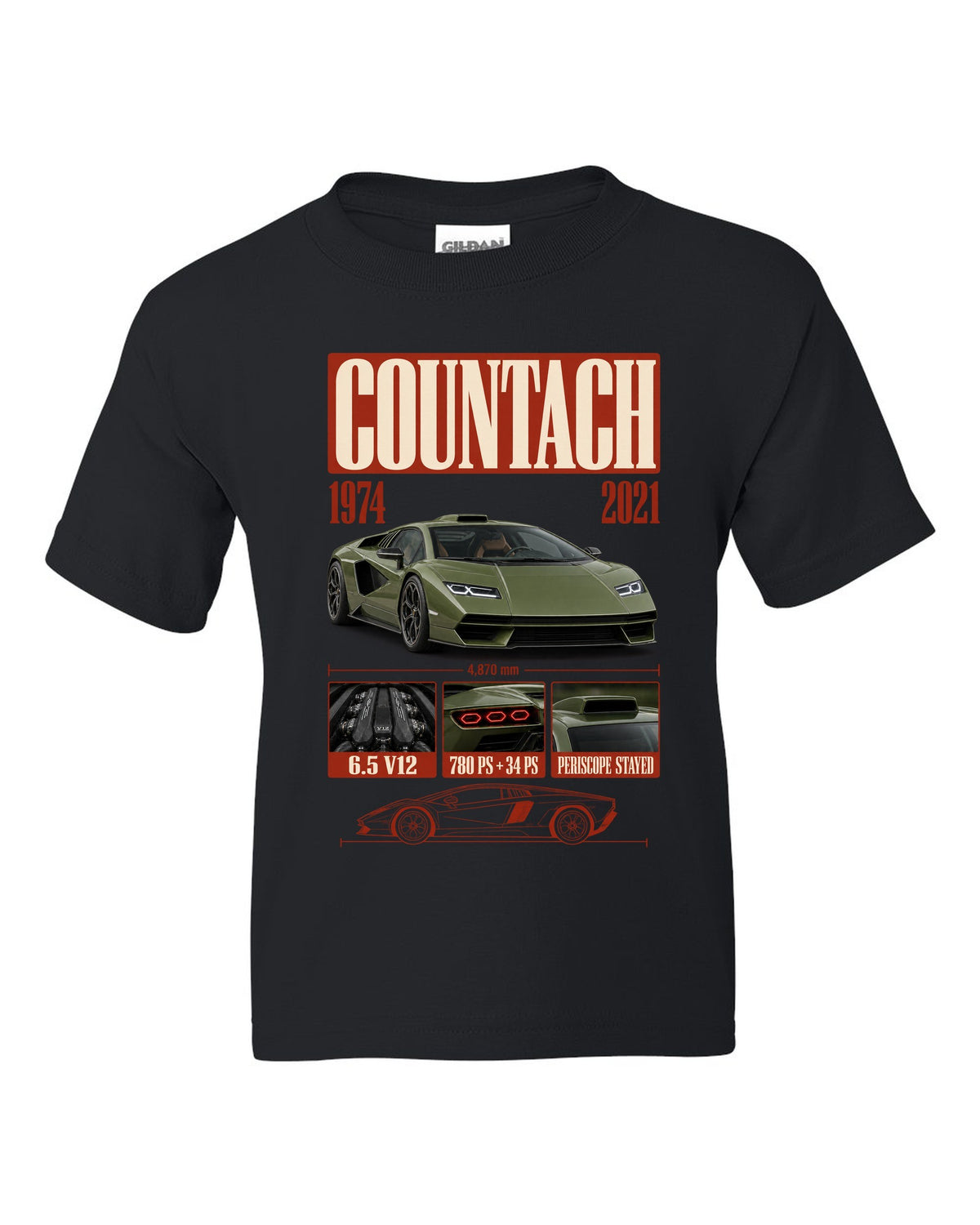 Lamborghini Countach LPI 800-4 archive panel print covering 1974 to 2021 with V12 specs black kids tee front view with the design