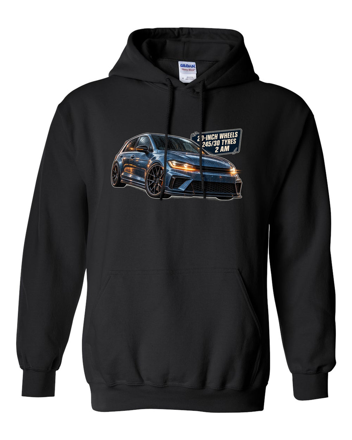 print of a Boost Blue Honda Civic Type R FK8 on a night touge road black pull over hoodie front view with the design